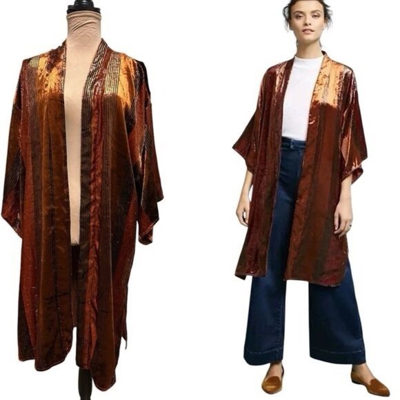 Anthropologie Ett:Twa Bronze Long Line Velvet Kimono Sparkly Jacket Size M/L - Picture 2 of 6